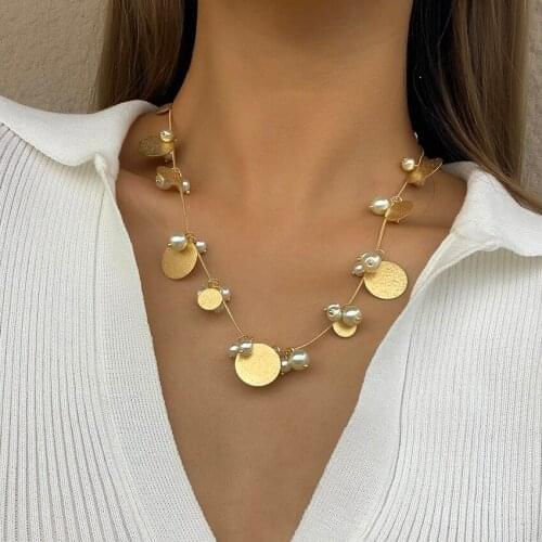 Flashbuy Bohemian Gold Color Chain Round Metal Pendant Choker Necklace for Women Pearl Collares Statement Jewelry Accessories
