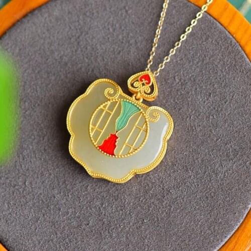Natural Hetian Jade Lock of Good Wishes Pendant Necklace Clavicle Chain S925 Sterling Silver Safety Lock Jade Sweater Chain Jewe