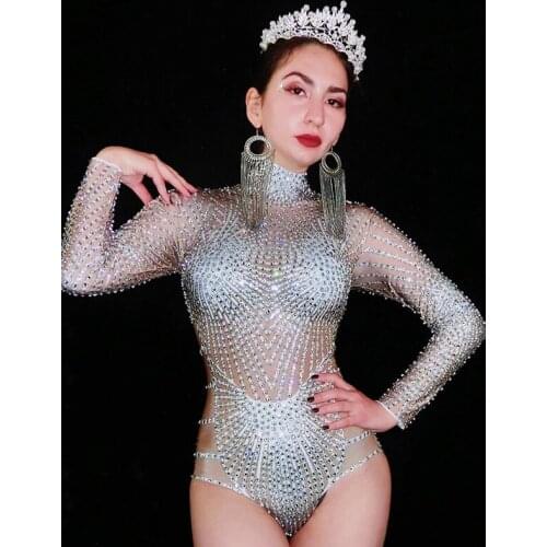 Sparkly Rhinestone Long Sleeve Jumpsuit For Women Nightclub Female Singer Stage Bodysuit Jazz/Pole/Gogo Dance Clothes DQL4817