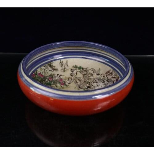 Chinese Ceramics Open Blue and White Add Color Porcelain Chinaware Peach Crane playing in the water Figure Pattern Brush Wash