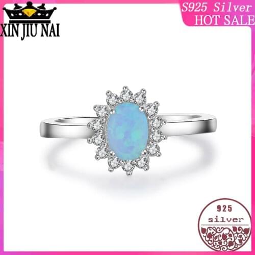 100% Silver S925 Platinum Female Simulated Diamond Ring with Opal Stone Aquarium Blue sun Flowers Simple Shape rings for women