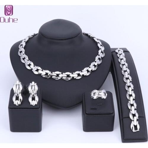 New Design Gold Color Chain Bridal Jewelry Sets Wedding Prom Party Dress Accessories Jewellery Necklace Earring Bracelet Ring