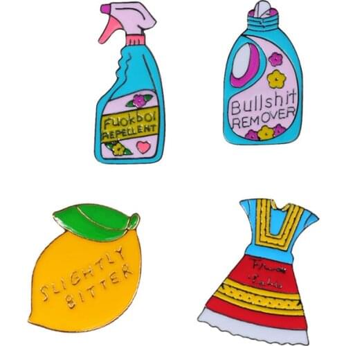 Creative Metal Enamel Lapel Pin Cartoon Brooches for Woman Hand Cherry Laundry Liquid Lemon Clothes Badge Shirt Men Jewelry Gift