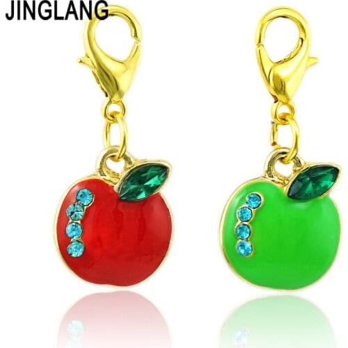 JINGLANG Fashion Gold Color Lobster Clasp Charms Dangle Lake Rhinestone Enamel Apple DIY Charms For Jewelry Making Accessories