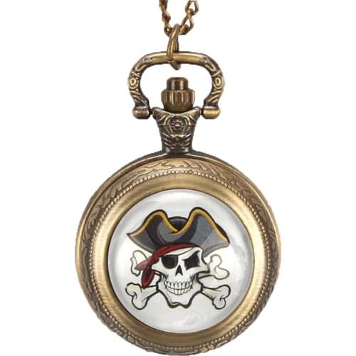 Cartoons Anime Pocket Watch Boys bronze Medium Pirate Skull Pattern White Quartz Small Dial Necklace Portable Watch Souvenir