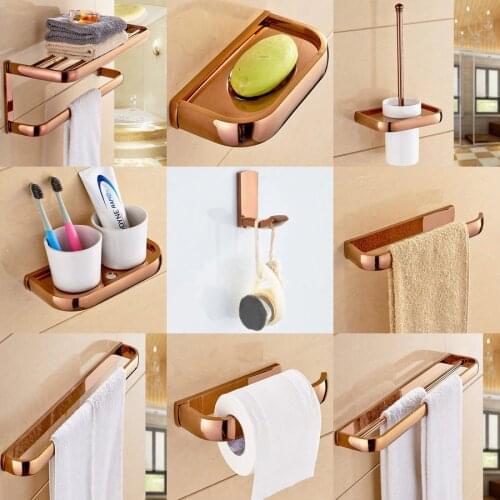 Luxury Rose Gold Brass Square Bathroom Accessories Set Bath Hardware Towel Bar Soap Dish Toilet Paper Holder Robe Hook mm022