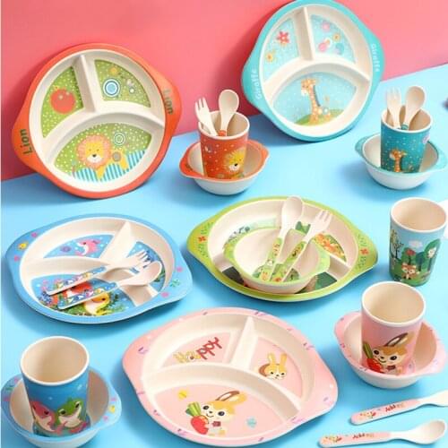 Bamboo Fiber Childrens Tableware Set Three-division Plate Dinnerware Set Baby Food Supplement Bowl Cute Cartoon Bowl Spoon Cup