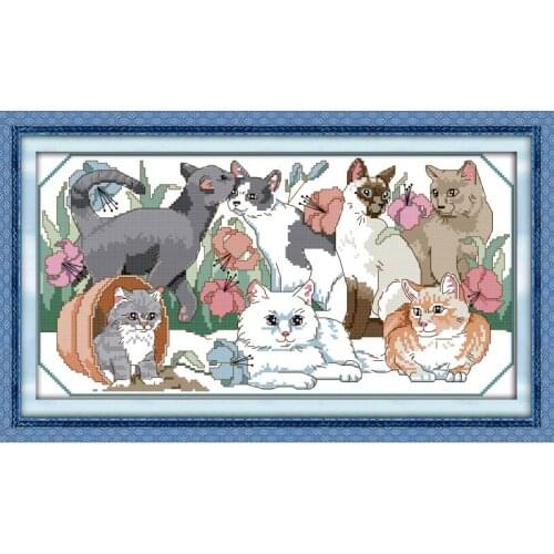 Joy Sunday The Cat Party.printed cross stitch kit Embroidery Packs Animal DMC Patterns 11&14CT DIY Needlework Sets Handicraft