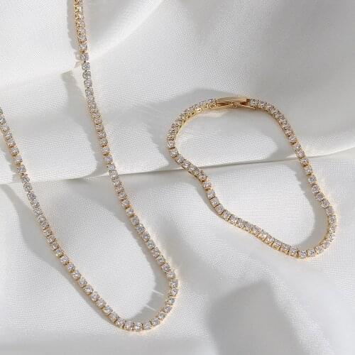 2021 New Blingbling Romantic AAA Zircon Stone 14K Gold Plated Choker Necklace Tennis Chain Necklace Bracelet Jewelry Set