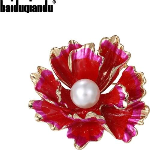 Baiduqiandu New Arrival Simulated Pearl Centred Enamel Flower Brooch Pins Fashion Dress Coat Jewelry Accessories