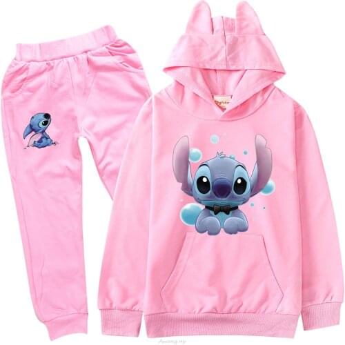 Disney Stitch Sportswear Outfits Cartoon Boys Girls 2-piece Printed Hoodie + Pants Sportswear Suit Set Kids Halloween Clothes