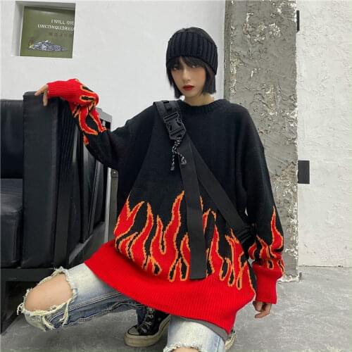 Harajuku style high street flame jacquard loose pullover lazy style female student sweater sweater tide