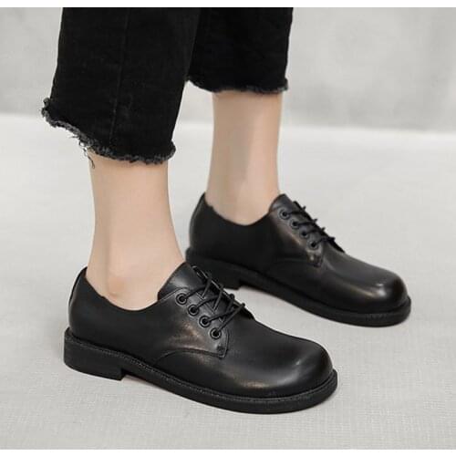 Women Oxfod Shoes Round Toe Lace Up Leather Shoes Black Lolita Shoes Low Heels Brogue Shoes zapatos mujer Spring Autumn 8807L