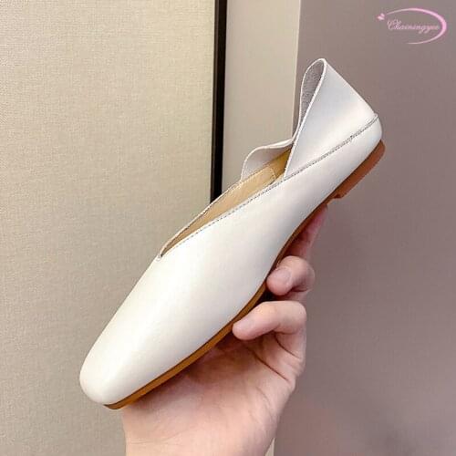 Simple style square toe soft real leather comfortable flat with shoes fashion slip-on apricot beige brown cowhide womens shoes