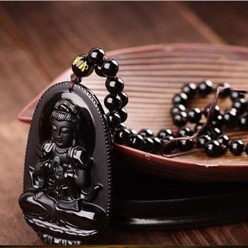 Fine Jewelry Natural Black Obsidian Carved Guanyin Lucky Amulet Pendant Jade Necklace For Women Men