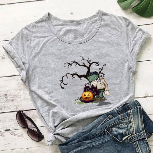 Cartoon Cat Halloween Print Pure Cotton Women T Shirt UnisexFunny Summer Casual Short Sleeve Top Vacation Tee Halloween Shirt