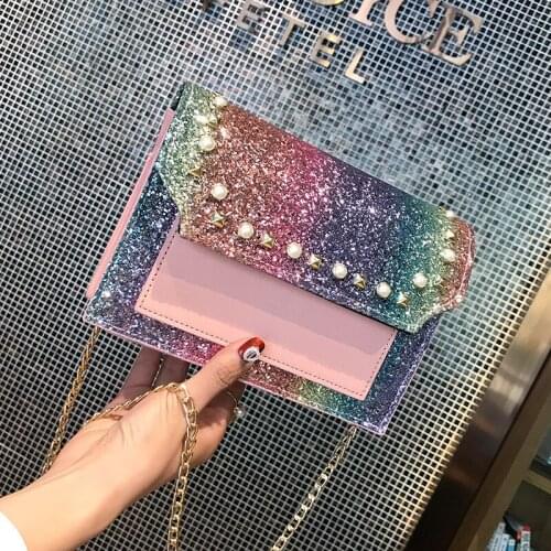 2020 new Korean version of ins girl all-match sequin bag chain diagonal one shoulder fashion contrast small square bag