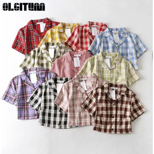 Streetwear Stitching Lattice Suit Collar Ladies Shirt Single-Breasted Shirt Korean Shirt Red 2020 Summer Female Retro Crop Shirt