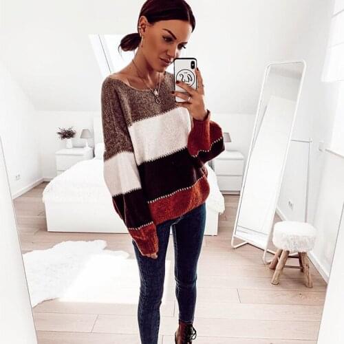 2020 Casual Pullovers Woman Sweaters Autumn Winter Fashion Flare Long Sleeve Patchwork O-Neck Clothes Knitted Sweater Women
