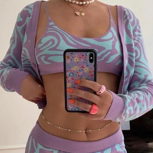 Y2K Ripple Print Crop Cardigan Skirts 3 Piece Set Women Long Sleeve Coat Vintage 2021 Button Up Cropped Sexy Knitted Cardigans