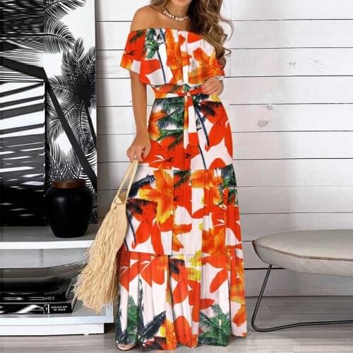 Sexy Slash Neck Butterfly Print Women Party Dress Elegant Casual Short Sleeve Ruffle Dress Lady Fashion Backless Maxi Dress Belt
