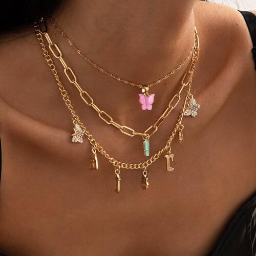 2021 jewelry simple multi-layer tassel multi-element womens necklace retro butterfly letter necklace set wedding party necklace