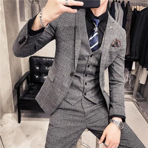7XL ( Jacket +Vest + Pants ) Fashion Boutique Grid Mens Formal Business Suits Performance Stage Bridegroom Wedding Dress Party