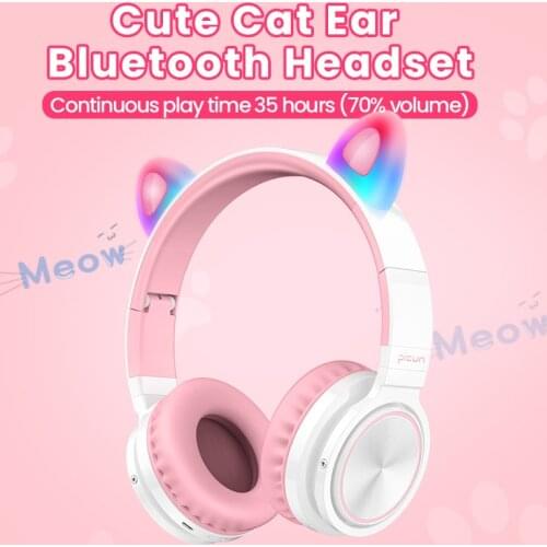 Picun Lucky Cat Wireless bluetooth headset, cute girl with mic Over Ear Headphones LED light cat ear Headphones Support TF card