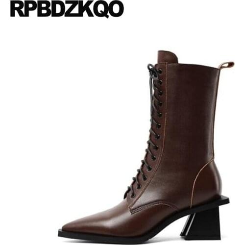 Black Chunky Block Shoes Genuine Leather High Heel Designer Pointed Toe Pointy Short Autumn Lace Up Women Ankle Boots Medium