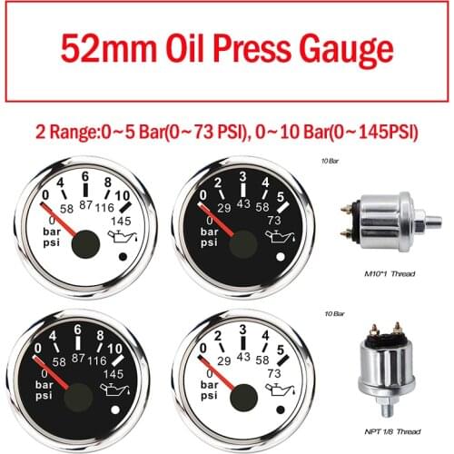 New 52mm Oil Pressure Gauge 0-5Bar 0-73psi For Marine Boat Oil Pressure Indicator Meter Sensor 10-185Ω 12V/24V With Alarm