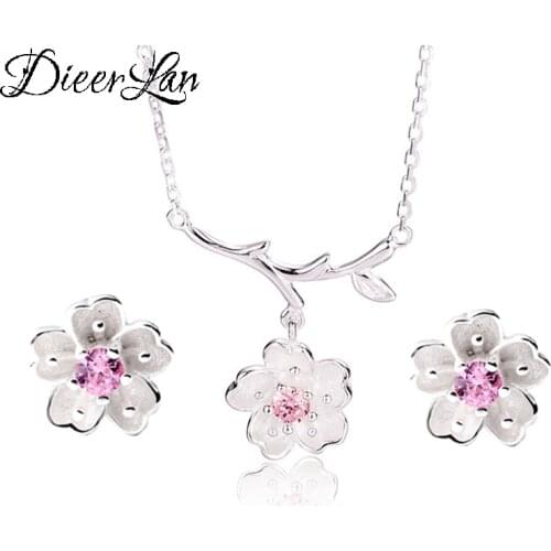 DIEERLAN Bridal Jewelry Sets Pink Rhinestone Silver Color Cherry Blossoms Flower Necklaces Earrings for Women Bijoux 2019