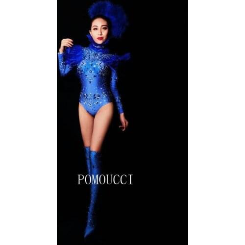 New Fashion 3D Print Blue Rhinestone Rivets Long Sleeves Rhinestones Jumpsuit Sexy Womens Leggings One Piece Performance Stage