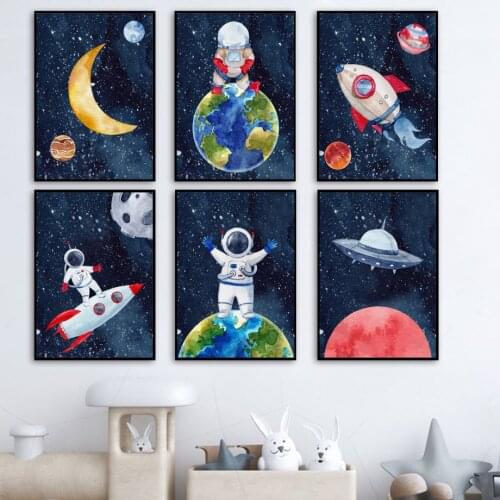 Space astronaut rocket Planet UFO Nursery Wall Art Canvas Painting Nordic Posters And Prints Wall Pictures Baby Kids room Decor