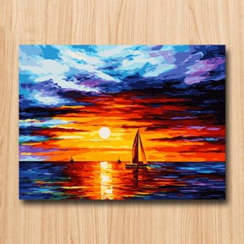 Colorful marine landscape, DIY digital oil painting area division, own painting, living room, restaurant, bedroom, gift, sunset