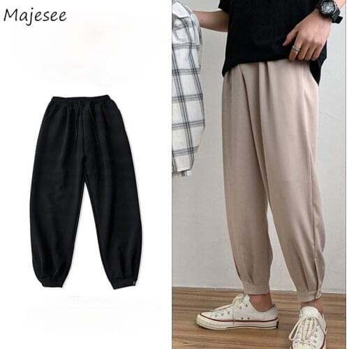 Men Casual Pants Loose Solid Simple Bundle Feet Drawstring Vintage Harem Ankle-length Trousers Daily Spring Student Ulzzang Chic
