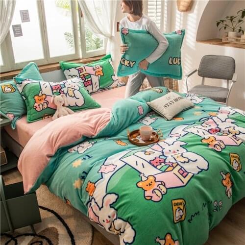 Green lucky white rabbit soft velvet comfortable quilt cover home textile coral velvet single quilt cover pillowcase