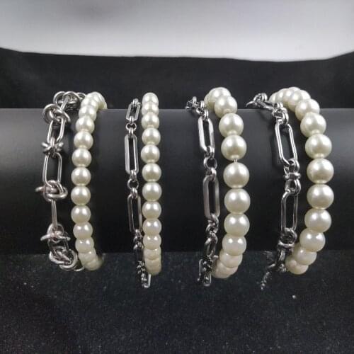 Pearl and Chain Layered Bracelet Set for Women Korea Fashion Simple Stainless Steel Bohemian Party Wedding Jewelry Twist Gift