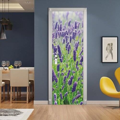 Lavender Plant Door Stickers Home Decoration Natural Fresh Bedroom Living Room Decor Waterproof Door Decals Wall Art Two Pieces