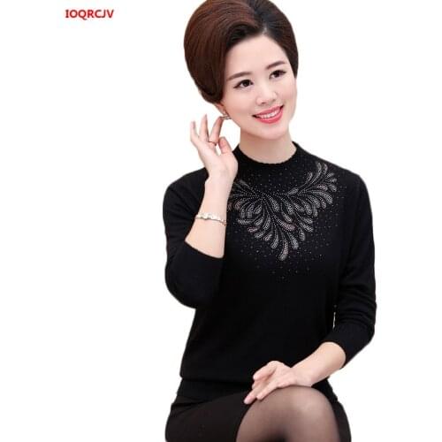 Spring Autumn New Middle-Aged Mother Pullover Sweater Fashion Diamond Upscale Sweater Women Half Turtleneck Knitted Sweater 1624