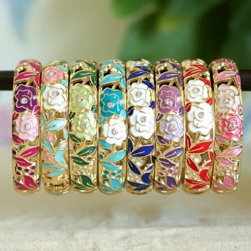 Cloisonne Enamel Pierced Carved Peony Flower Bangle Jewelry Women Hard Bracelet Chinese Copper Jewellery Accessories Gift