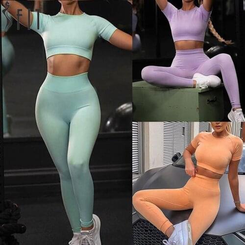 Seamless Women Yoga Set Workout Shirts Sport Pants Top Gym Clothing Short Crop Top High Waist Running Leggings Sports Set