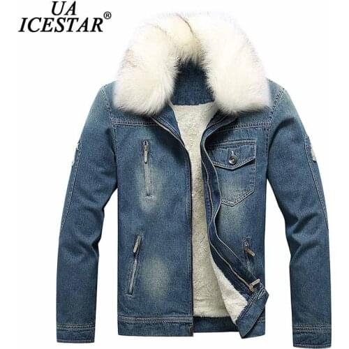 UAICESTAR Denim Jacket Men Coat Fur Collar Fleece Thicken Coats Brand High Quality Fashion Casual Large Size S-6XL Mens Jackets