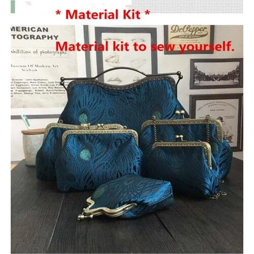 Blue Peacock tail Simulated Silk Fabric Metal Purse Frame Bag Material Kit Clutch Bag Kissing lock Women Handbags
