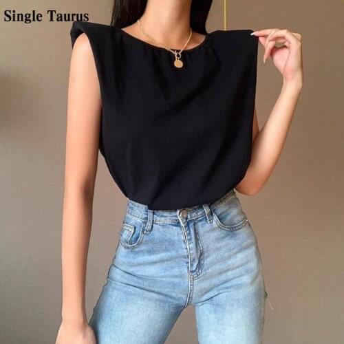 Female Elegant Shoulder Pads Tops Sleeveless Solid Coler Loose Casual T Shirts Chain Backless Mujer Camisetas Lady Tee Clothing
