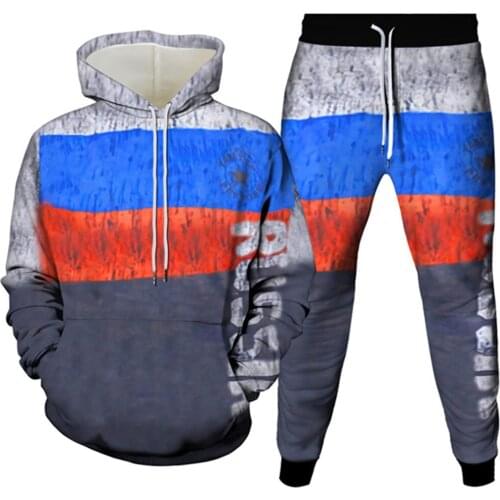 Russia USA Flag Colorful Totem Stripe 3D Print Clothes Autumn Men Hoodies+Pants 2Pcs Sets Women Casual Tracksuit Plus Size S-6XL