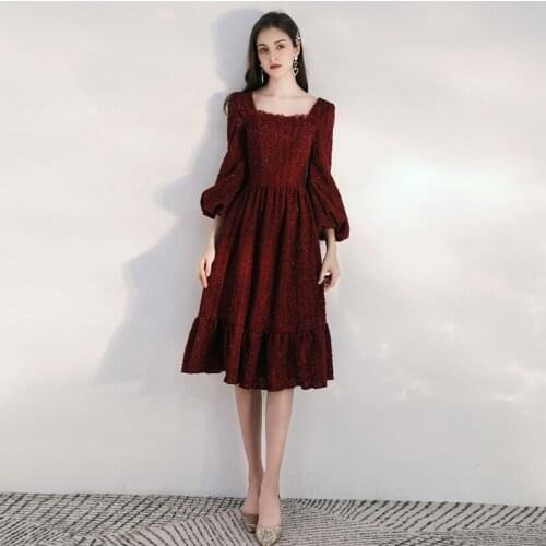 Cocktail Dress Women Knee Length Elegant Party Dresses Half Sleeve Solid Homecoming Gown Long Sleeve 2020