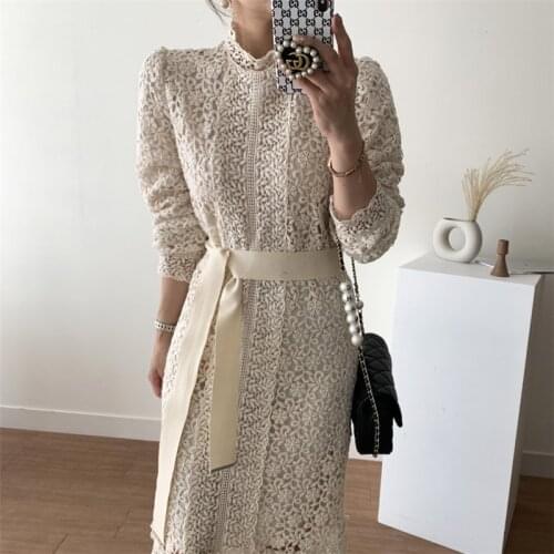 Simple Solid Floral Print Hollow Out Dress Solid All-match Palace Style Dress Elegant Wedding Party Long Dress 2021 Women Robe