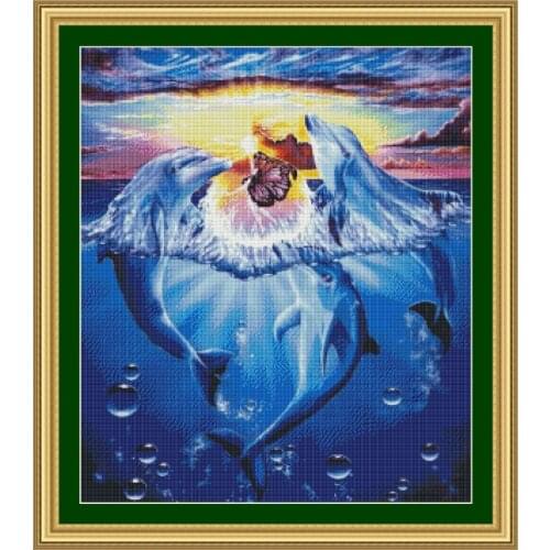 Dolphins 14ct white canvas similar DMC Cross Stitch kits14ct needlework Set DIY embroidery 56-653thth3th