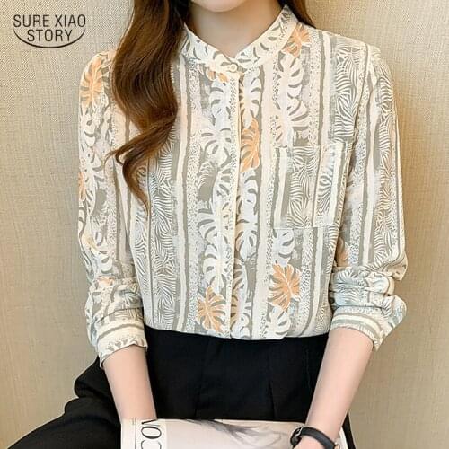 Long-sleeved Button Elegant Slim Shirt Top Retro Stand Collar Floral Blouse Chiffon Woman Autumn 2021 Casual Woman Clothes 16386