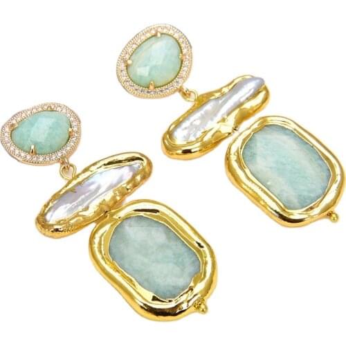 GG Jewelry Natural Golden Biwa Pearl Natural Green Amazonite Rectangl Triangular Dangle Stud Lever back Earrings trendy women